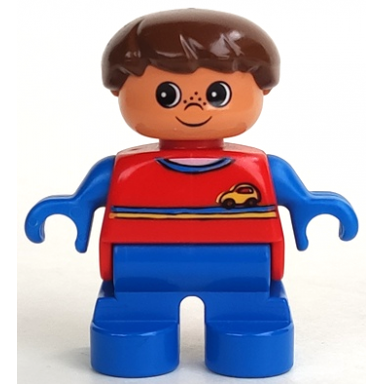 duplo figure child type 2 boy blue legs red top with yellow and blue stripes and yellow car logo blue arms brown hair