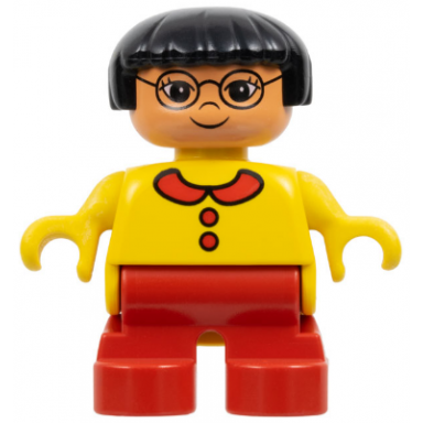 duplo figure - female child girl red legs yellow top with collar and buttons pattern black hair nougat head 75501