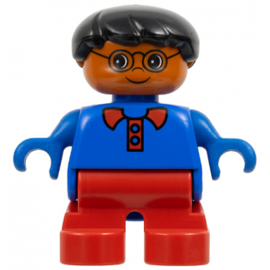 duplo figure - male child boy red legs blue top with collar and buttons pattern black hair dark orange head 75513