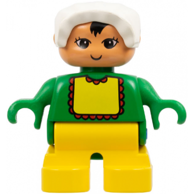 duplo figure - female child baby yellow legs green top with bib pattern white bonnet nougat head 75502