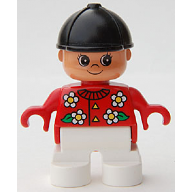 duplo figure child type 2 girl white legs red top with white flowers black riding hat