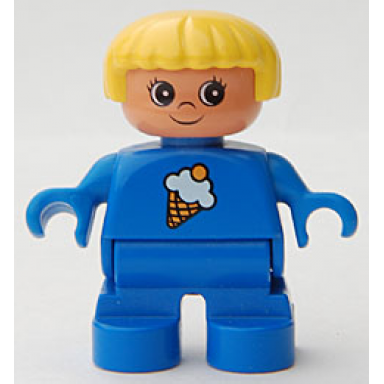 duplo figure child type 2 girl blue legs blue top with ice cream pattern yellow hair