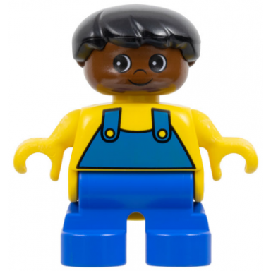 duplo figure - male child boy blue legs yellow top with overalls pattern black hair brown head 75507