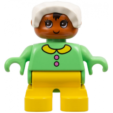 duplo figure - female child baby yellow legs medium green top with collar and buttons pattern white bonnet dark orange head 75514