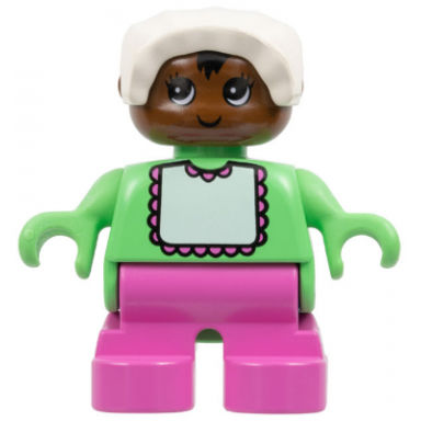 duplo figure - female child baby dark pink legs medium green top with bib pattern white bonnet brown head 75508