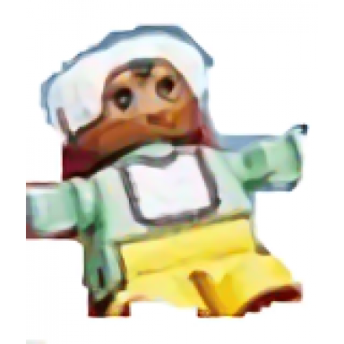 duplo figure child type 2 baby yellow legs light green top with white bib with dark pink lace white bonnet