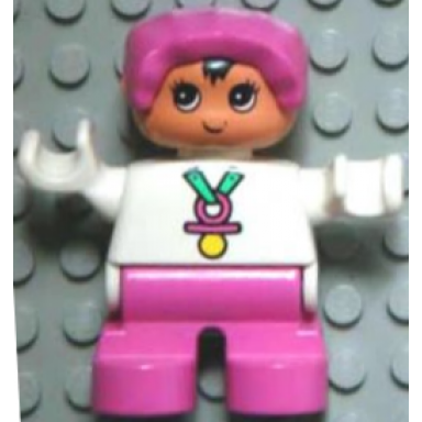 duplo figure child type 2 baby dark pink legs white top dark pink bonnet