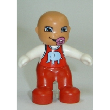 duplo figure lego ville baby red overalls with elephant pattern pacifier