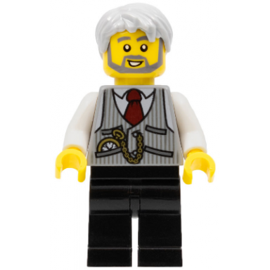 legoland park train conductor pinstripe vest red tie and pocket watch thick sideburns