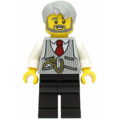 legoland park train conductor pinstripe vest red tie and pocket watch thin pointed sideburns