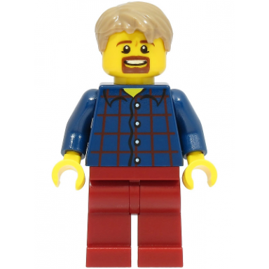 legoland park male dark blue plaid button shirt with narrow neck dark tan short tousled hair goatee