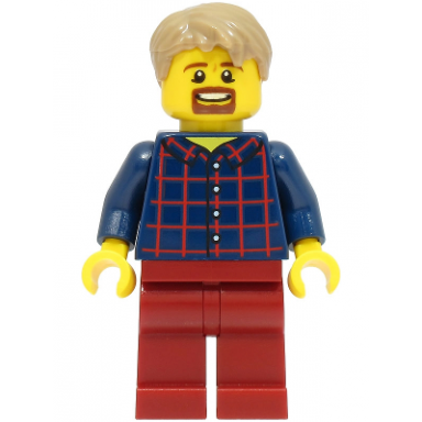 legoland park male dark blue plaid button shirt with wide neck and back print dark tan short tousled hair goatee