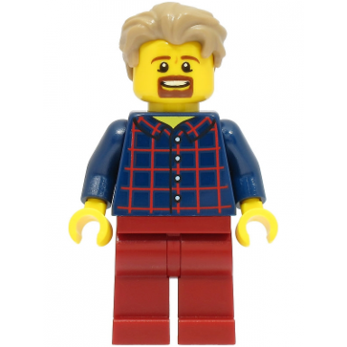 legoland park male dark blue plaid button shirt dark tan hair with slight widows peak goatee