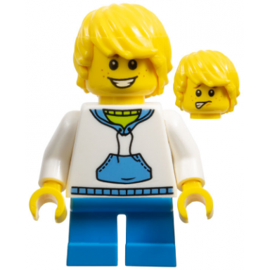 legoland park boy hooded sweatshirt with medium blue pocket and drawstring front yellow hair