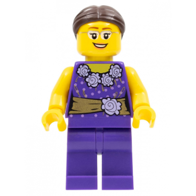 legoland park female dark purple blouse with gold sash and flowers dark brown hair