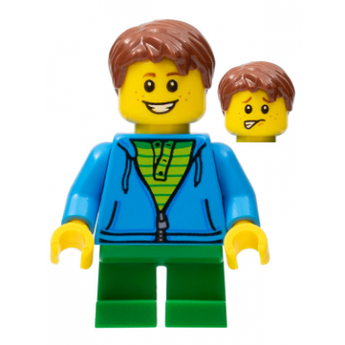 legoland park boy with reddish brown hair hoodie with zipper over lime and green striped shirt and green legs