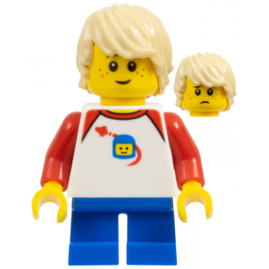 legoland park boy with tan hair shirt with red collar and shoulders spaceship orbiting classic space helmet pattern and short blue legs