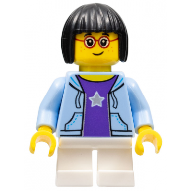 legoland park girl with black bob cut hair bright light blue hooded sweatshirt open with purple shirt with silver star pattern and white short legs