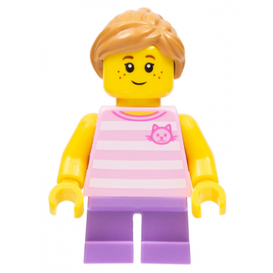 child - girl bright pink striped shirt with cat head medium lavender short legs medium nougat ponytail freckles