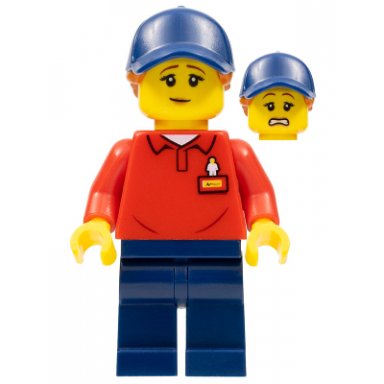 legoland park worker female with dark blue hat and dark orange ponytail red polo shirt with legoland on back and dark blue legs