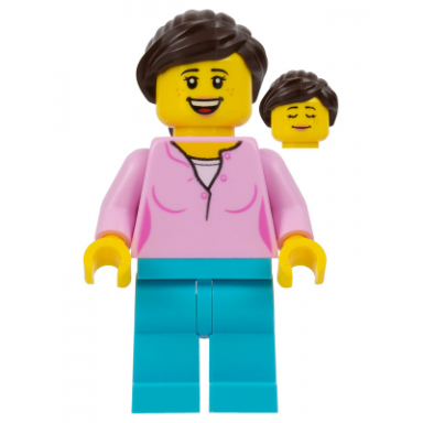 legoland park female with dark brown ponytail bright pink shirt medium azure legs