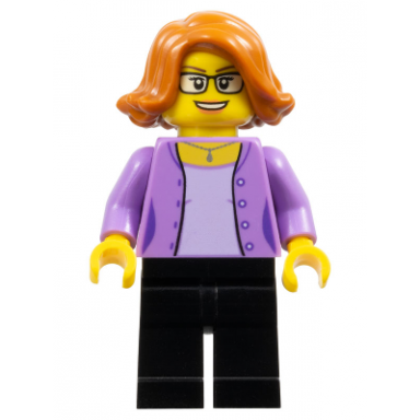 legoland park female with dark orange short hair medium lavender shirt black legs