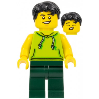 legoland park visitor - male lime sleeveless hoodie dark green legs black hair