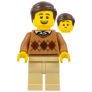 legoland park male with dark brown hair medium nougat torso argyle sweater tan legs
