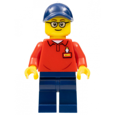 legoland park worker male with glasses dark blue hat red polo shirt with legoland on back and dark blue legs