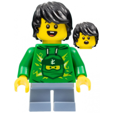 legoland park boy with black hair green ninjago hoodie sand blue short legs
