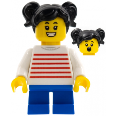 child - girl white sweater with red horizontal stripes blue short legs black hair with pigtails