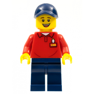 legoland park worker male smiling dark blue hat red polo shirt with legoland on back and dark blue legs
