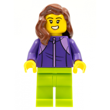 legoland park female with reddish brown mid-length hair dark purple tracksuit lime legs