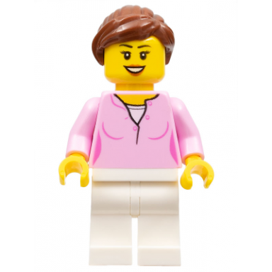 legoland park female with reddish brown ponytail bright pink shirt white legs