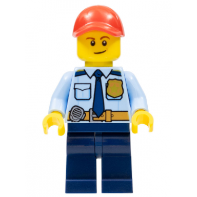 legoland park police officer with shirt with dark blue tie and gold badge dark tan belt with radio dark blue legs red cap lopsided smile