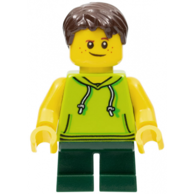 legoland park boy with dark brown hair lime sleeveless hoodie dark green short legs
