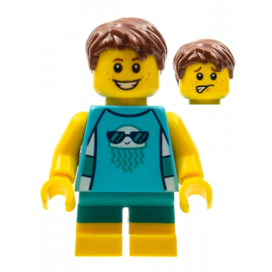 legoland park boy with reddish brown hair medium azure sleeveless jellyfish shirt dark turquoise short legs
