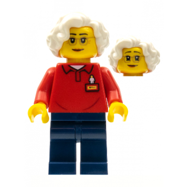 legoland park worker older female glasses white hair red polo shirt with legoland on back and dark blue legs