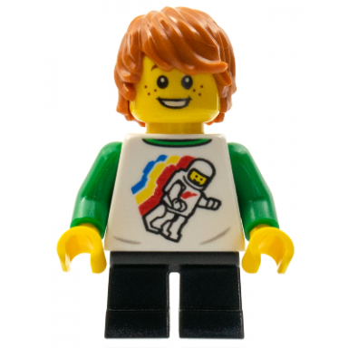 child - boy classic space shirt with minifigure floating and back print black short legs dark orange tousled hair freckles