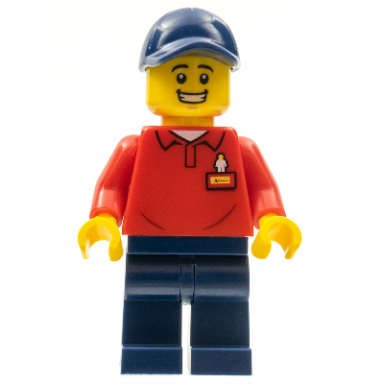 legoland park worker male with dark blue hat red polo shirt with legoland on back and dark blue legs