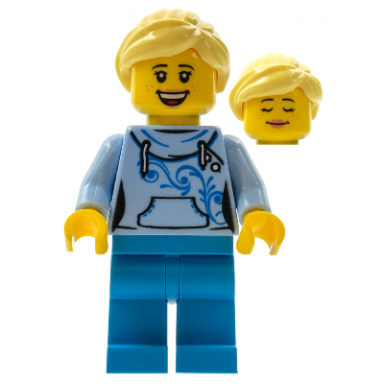 legoland park female with bright light yellow ponytail bright light blue hoodie dark azure legs
