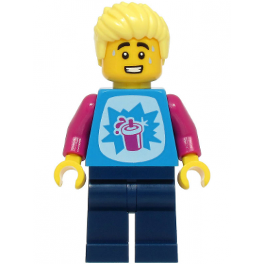legoland park visitor - male dark azure shirt with slushy cup dark blue legs bright light yellow hair