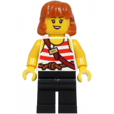 legoland pirate splash battle attendant - female white pirate tank top black legs dark orange hair