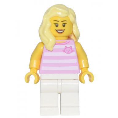 skyline express rider - female bright pink striped shirt with cat head white legs bright light yellow hair