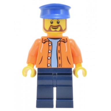 skyline express man - orange jacket with hood over light blue sweater dark blue legs blue hat