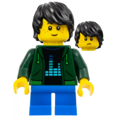child - boy dark green hoodie blue short legs black tousled hair freckles