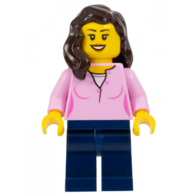 female bright pink top dark blue legs dark brown hair