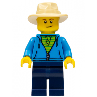 fisherman dark azure jacket dark blue legs tan fedora hat