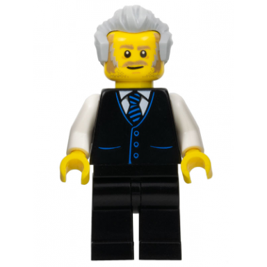 receptionist male black vest with blue striped tie black legs light bluish gray hair