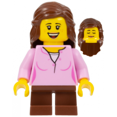 girl bright pink top reddish brown legs reddish brown long hair